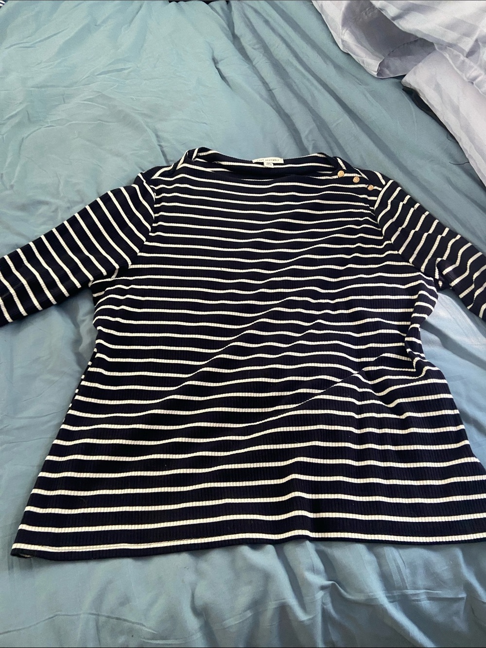 Navy and White Striped Long Sleeve Top with Shoulder Buttons
